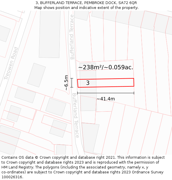 3, BUFFERLAND TERRACE, PEMBROKE DOCK, SA72 6QR: Plot and title map