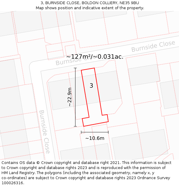 3, BURNSIDE CLOSE, BOLDON COLLIERY, NE35 9BU: Plot and title map