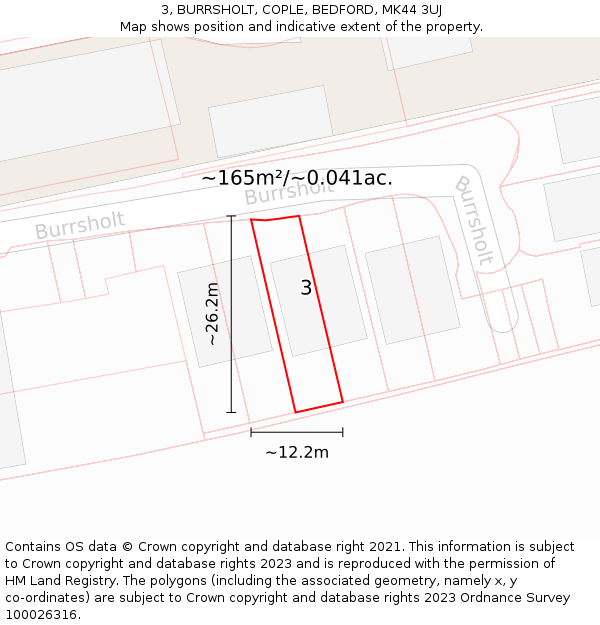 3, BURRSHOLT, COPLE, BEDFORD, MK44 3UJ: Plot and title map