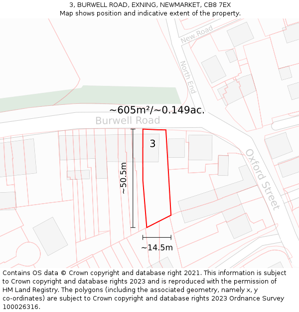 3, BURWELL ROAD, EXNING, NEWMARKET, CB8 7EX: Plot and title map