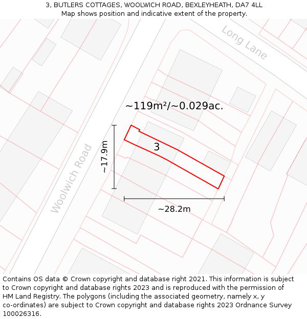 3, BUTLERS COTTAGES, WOOLWICH ROAD, BEXLEYHEATH, DA7 4LL: Plot and title map