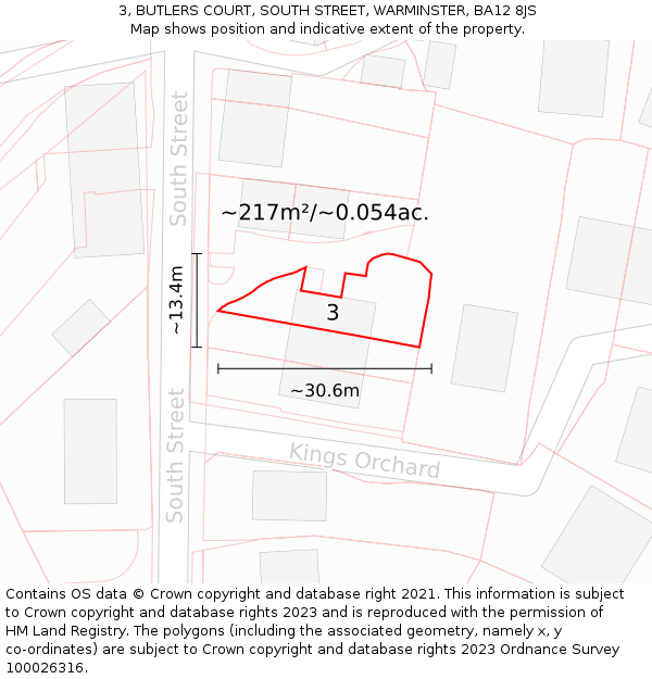 3, BUTLERS COURT, SOUTH STREET, WARMINSTER, BA12 8JS: Plot and title map