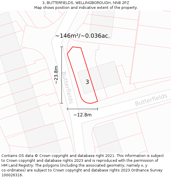 3, BUTTERFIELDS, WELLINGBOROUGH, NN8 2PZ: Plot and title map
