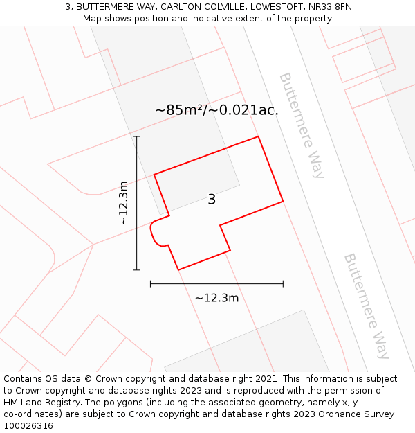 3, BUTTERMERE WAY, CARLTON COLVILLE, LOWESTOFT, NR33 8FN: Plot and title map