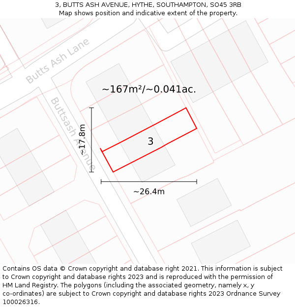 3, BUTTS ASH AVENUE, HYTHE, SOUTHAMPTON, SO45 3RB: Plot and title map