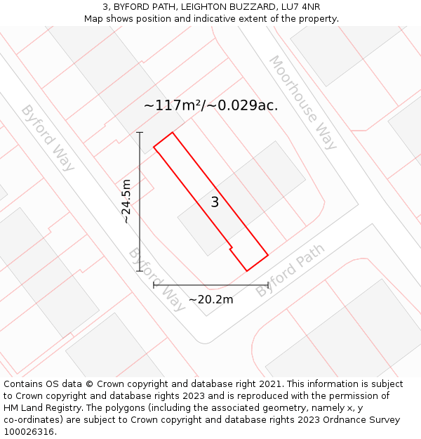 3, BYFORD PATH, LEIGHTON BUZZARD, LU7 4NR: Plot and title map