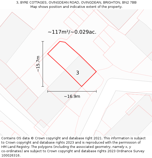 3, BYRE COTTAGES, OVINGDEAN ROAD, OVINGDEAN, BRIGHTON, BN2 7BB: Plot and title map