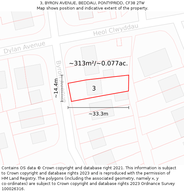 3, BYRON AVENUE, BEDDAU, PONTYPRIDD, CF38 2TW: Plot and title map