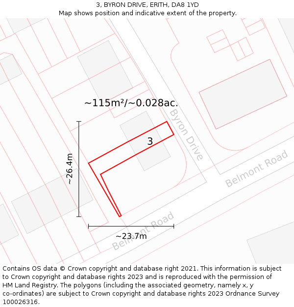 3, BYRON DRIVE, ERITH, DA8 1YD: Plot and title map