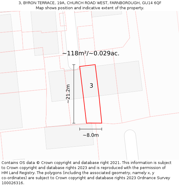 3, BYRON TERRACE, 19A, CHURCH ROAD WEST, FARNBOROUGH, GU14 6QF: Plot and title map