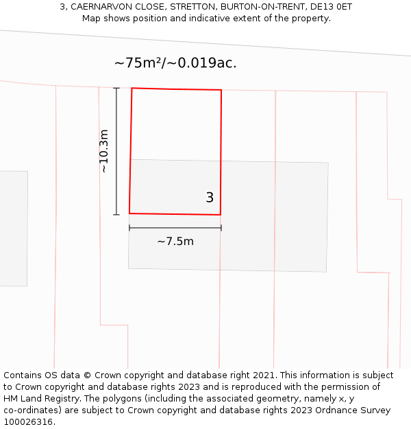 3, CAERNARVON CLOSE, STRETTON, BURTON-ON-TRENT, DE13 0ET: Plot and title map