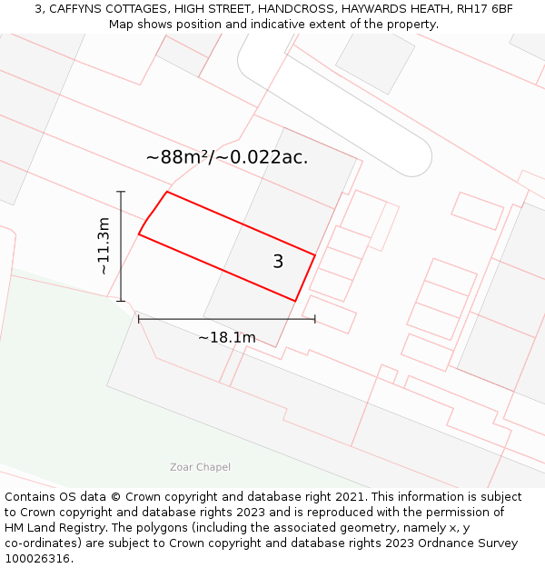 3, CAFFYNS COTTAGES, HIGH STREET, HANDCROSS, HAYWARDS HEATH, RH17 6BF: Plot and title map