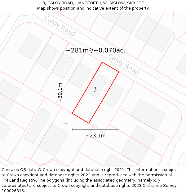 3, CALDY ROAD, HANDFORTH, WILMSLOW, SK9 3DB: Plot and title map