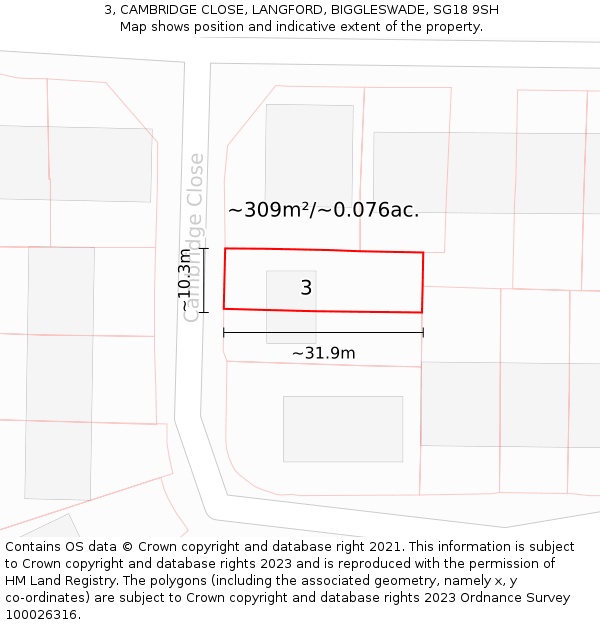 3, CAMBRIDGE CLOSE, LANGFORD, BIGGLESWADE, SG18 9SH: Plot and title map