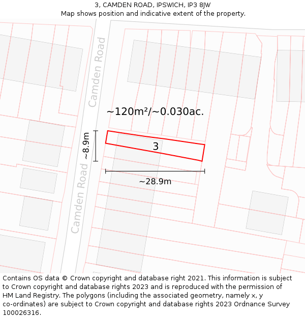 3, CAMDEN ROAD, IPSWICH, IP3 8JW: Plot and title map