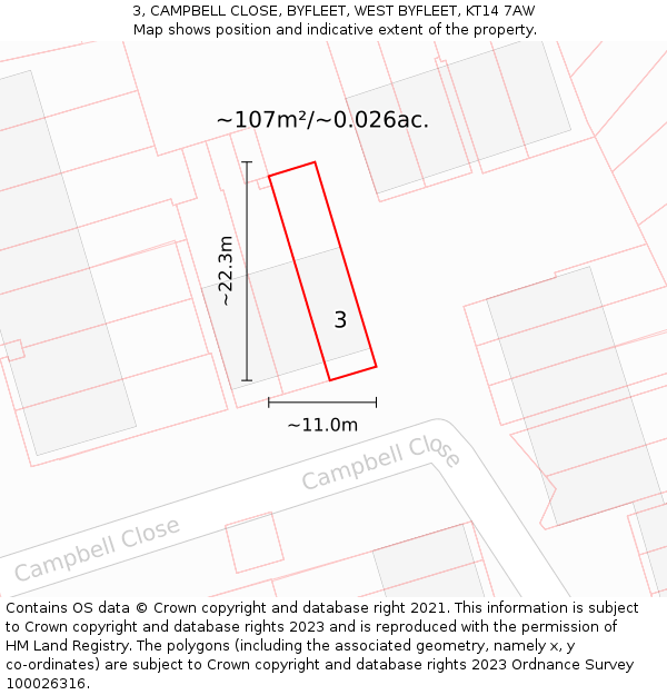 3, CAMPBELL CLOSE, BYFLEET, WEST BYFLEET, KT14 7AW: Plot and title map