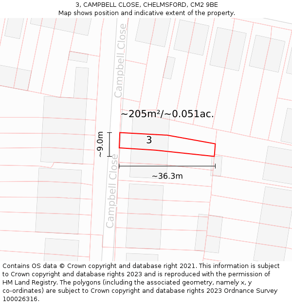 3, CAMPBELL CLOSE, CHELMSFORD, CM2 9BE: Plot and title map