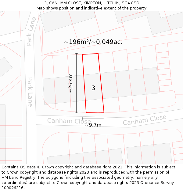 3, CANHAM CLOSE, KIMPTON, HITCHIN, SG4 8SD: Plot and title map