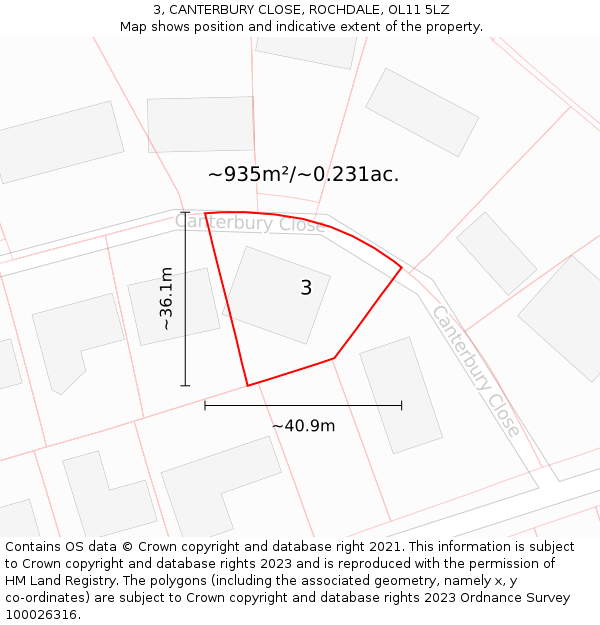 3, CANTERBURY CLOSE, ROCHDALE, OL11 5LZ: Plot and title map