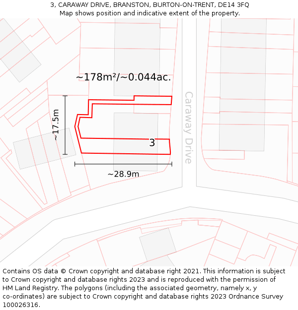3, CARAWAY DRIVE, BRANSTON, BURTON-ON-TRENT, DE14 3FQ: Plot and title map