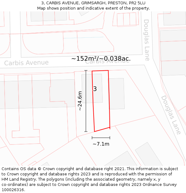3, CARBIS AVENUE, GRIMSARGH, PRESTON, PR2 5LU: Plot and title map