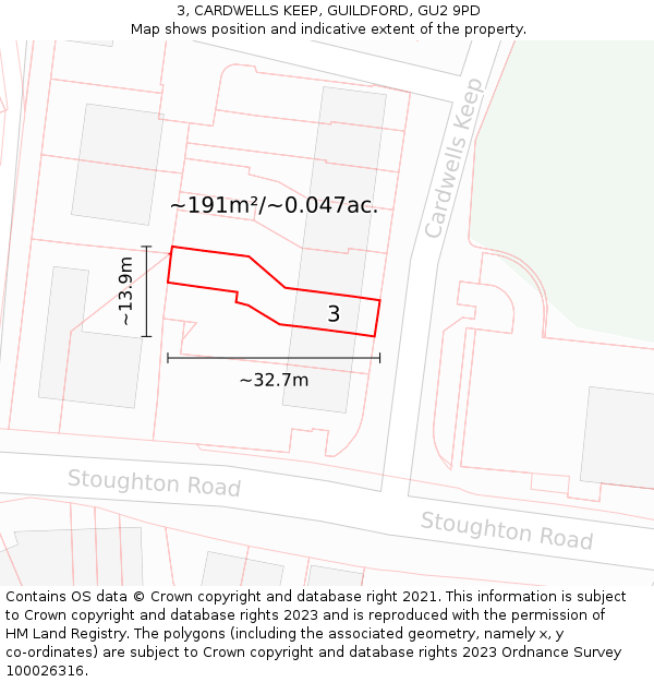 3, CARDWELLS KEEP, GUILDFORD, GU2 9PD: Plot and title map