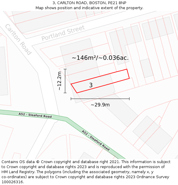 3, CARLTON ROAD, BOSTON, PE21 8NP: Plot and title map