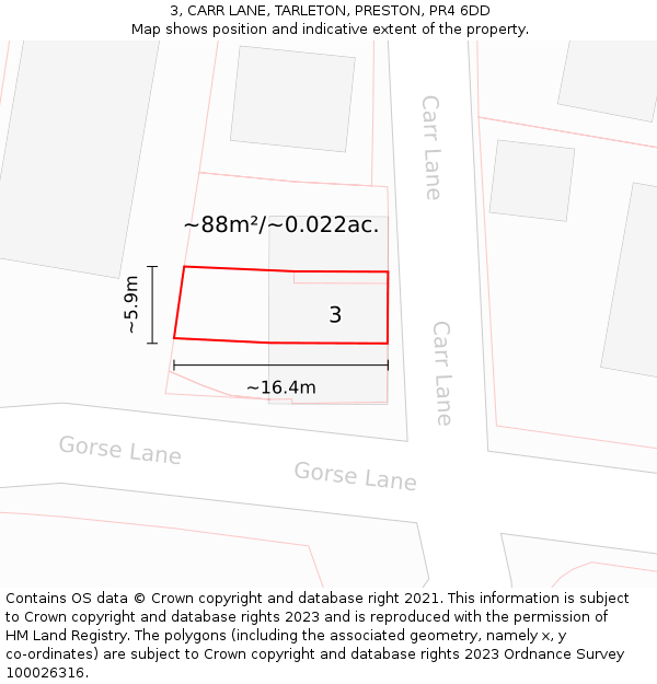 3, CARR LANE, TARLETON, PRESTON, PR4 6DD: Plot and title map