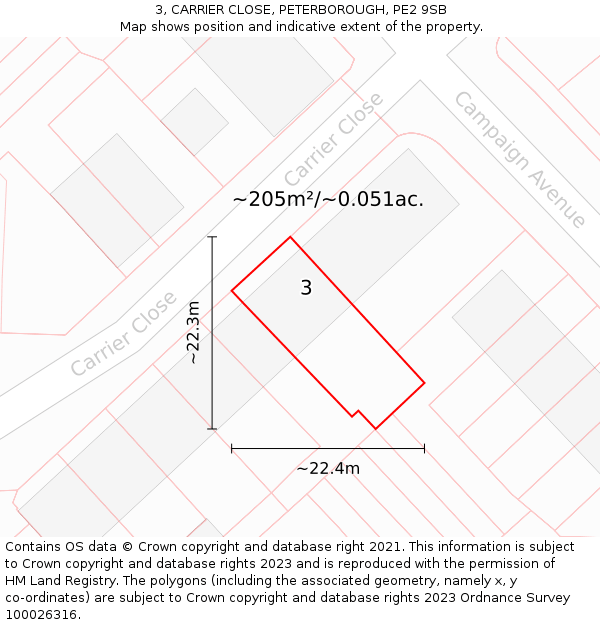 3, CARRIER CLOSE, PETERBOROUGH, PE2 9SB: Plot and title map