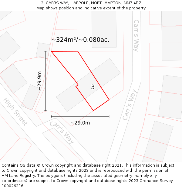 3, CARRS WAY, HARPOLE, NORTHAMPTON, NN7 4BZ: Plot and title map