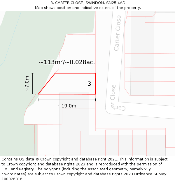 3, CARTER CLOSE, SWINDON, SN25 4AD: Plot and title map
