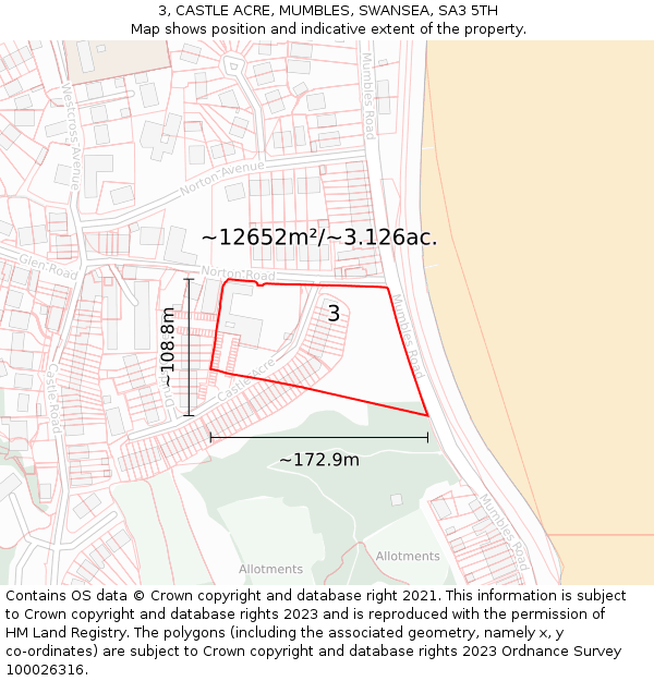 3, CASTLE ACRE, MUMBLES, SWANSEA, SA3 5TH: Plot and title map