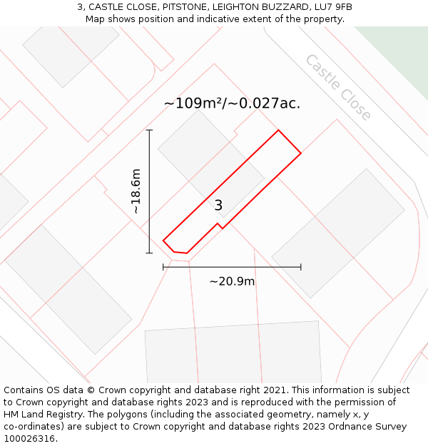 3, CASTLE CLOSE, PITSTONE, LEIGHTON BUZZARD, LU7 9FB: Plot and title map