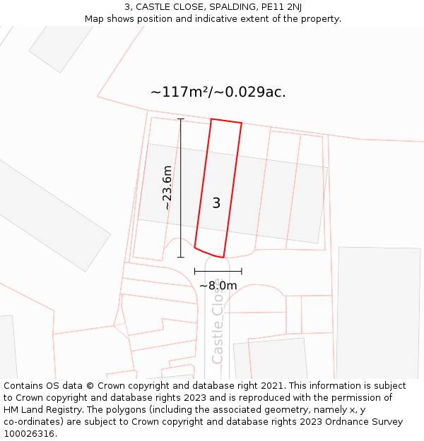 3, CASTLE CLOSE, SPALDING, PE11 2NJ: Plot and title map