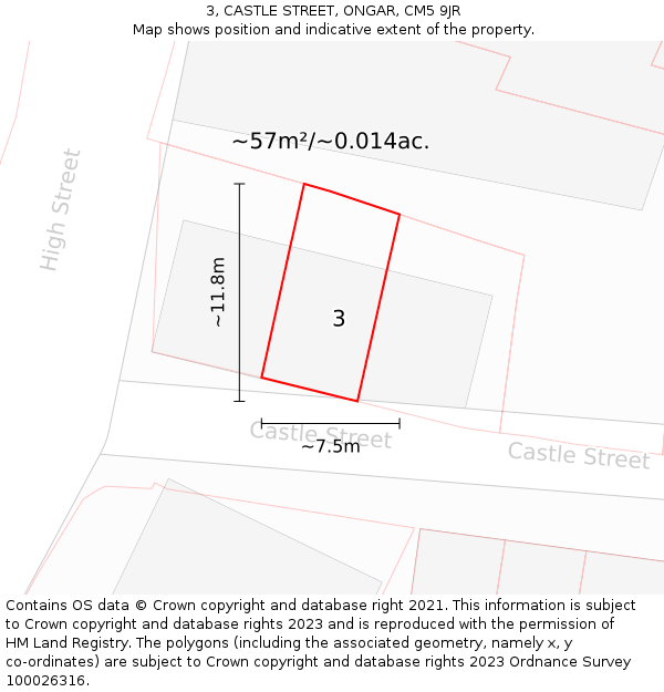 3, CASTLE STREET, ONGAR, CM5 9JR: Plot and title map