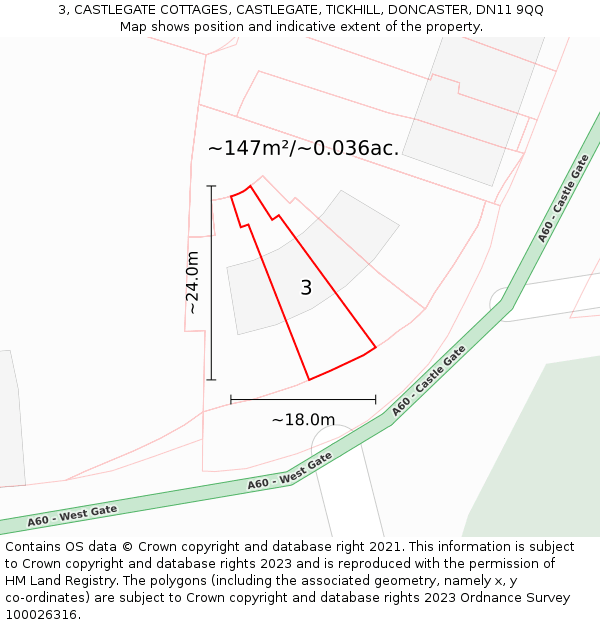3, CASTLEGATE COTTAGES, CASTLEGATE, TICKHILL, DONCASTER, DN11 9QQ: Plot and title map