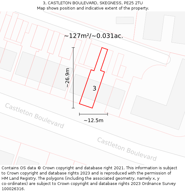 3, CASTLETON BOULEVARD, SKEGNESS, PE25 2TU: Plot and title map