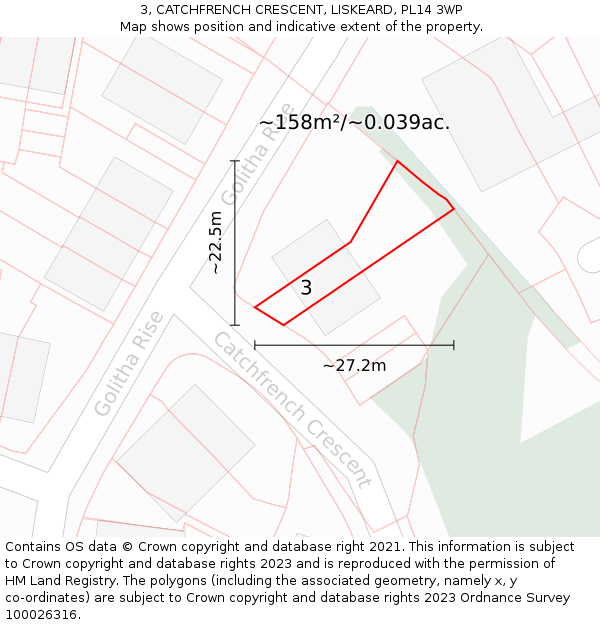 3, CATCHFRENCH CRESCENT, LISKEARD, PL14 3WP: Plot and title map
