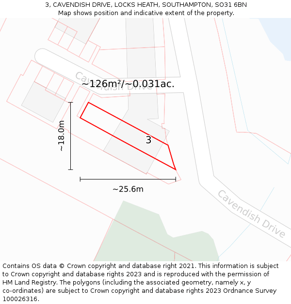 3, CAVENDISH DRIVE, LOCKS HEATH, SOUTHAMPTON, SO31 6BN: Plot and title map