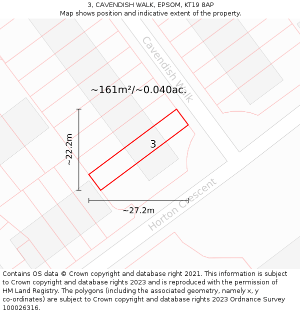 3, CAVENDISH WALK, EPSOM, KT19 8AP: Plot and title map