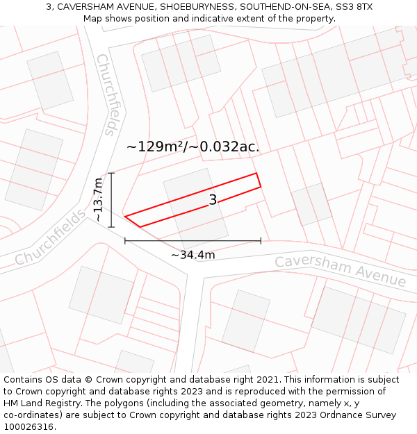 3, CAVERSHAM AVENUE, SHOEBURYNESS, SOUTHEND-ON-SEA, SS3 8TX: Plot and title map