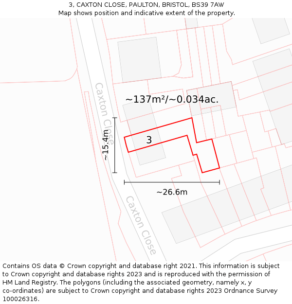 3, CAXTON CLOSE, PAULTON, BRISTOL, BS39 7AW: Plot and title map