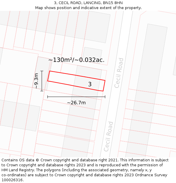 3, CECIL ROAD, LANCING, BN15 8HN: Plot and title map