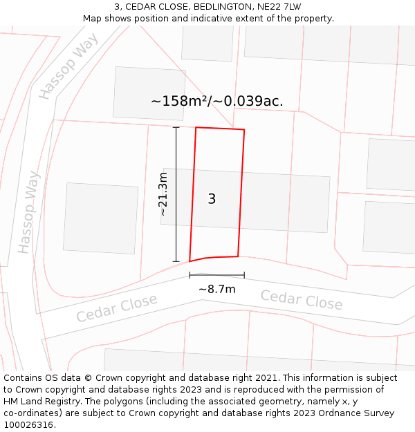 3, CEDAR CLOSE, BEDLINGTON, NE22 7LW: Plot and title map