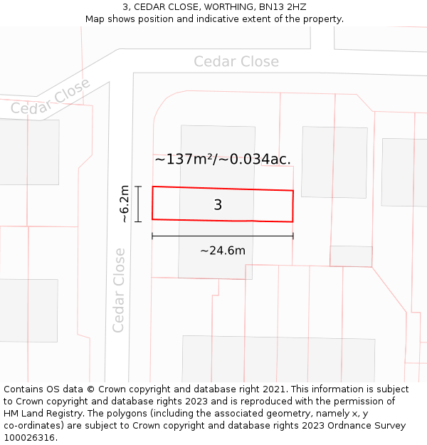 3, CEDAR CLOSE, WORTHING, BN13 2HZ: Plot and title map