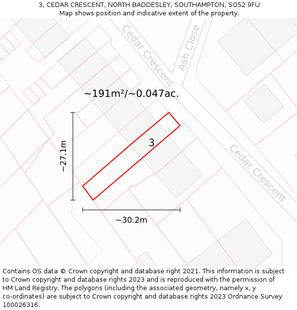 3, CEDAR CRESCENT, NORTH BADDESLEY, SOUTHAMPTON, SO52 9FU: Plot and title map