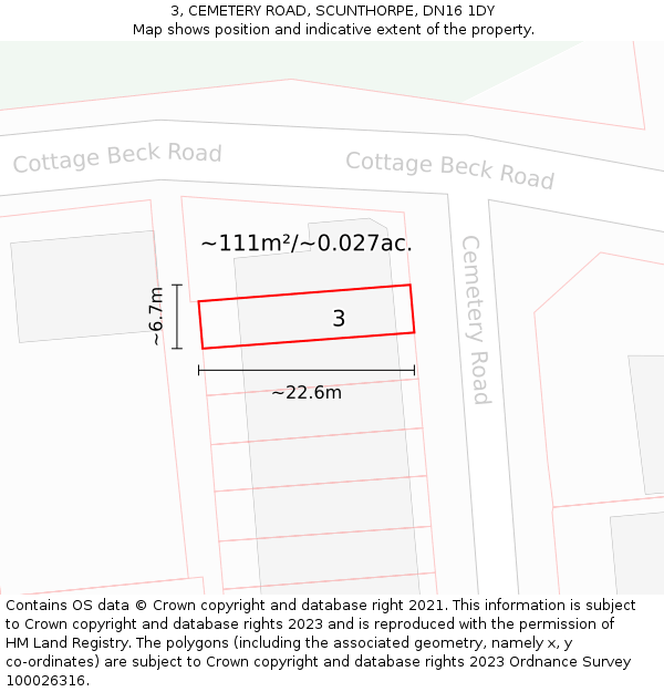 3, CEMETERY ROAD, SCUNTHORPE, DN16 1DY: Plot and title map