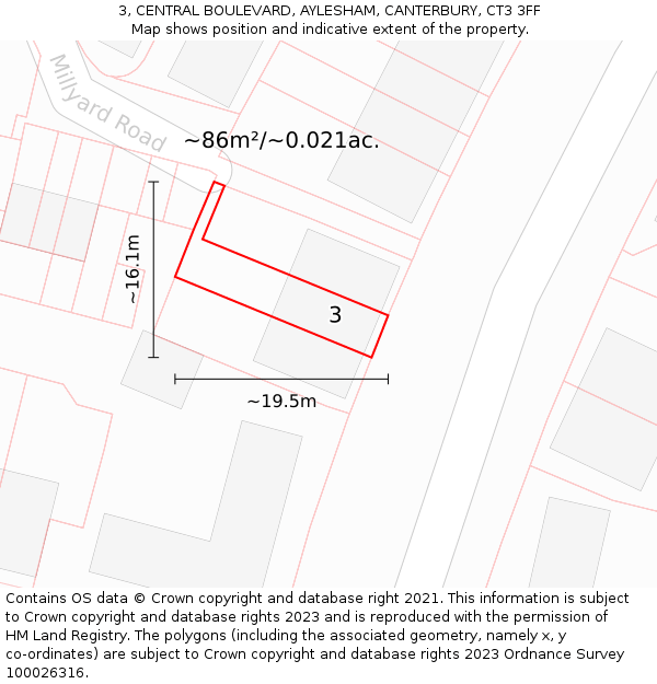 3, CENTRAL BOULEVARD, AYLESHAM, CANTERBURY, CT3 3FF: Plot and title map