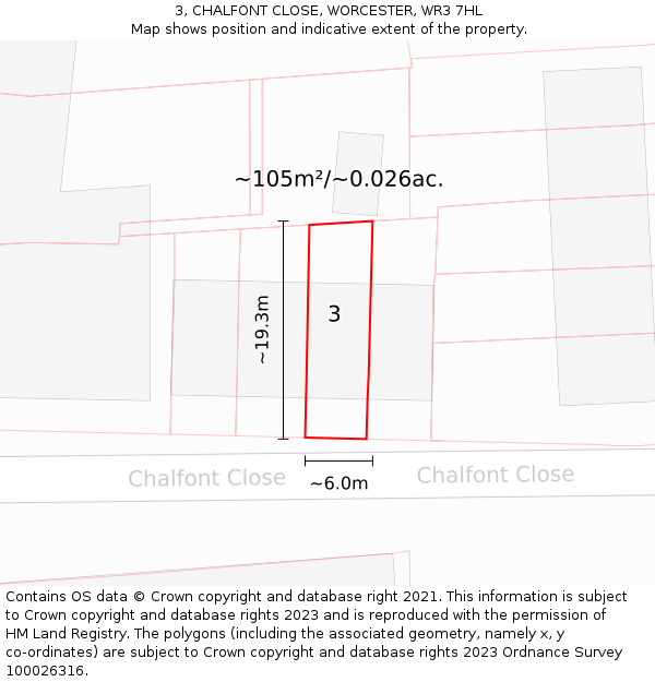 3, CHALFONT CLOSE, WORCESTER, WR3 7HL: Plot and title map