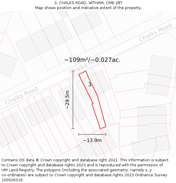 3, CHALKS ROAD, WITHAM, CM8 2BT: Plot and title map